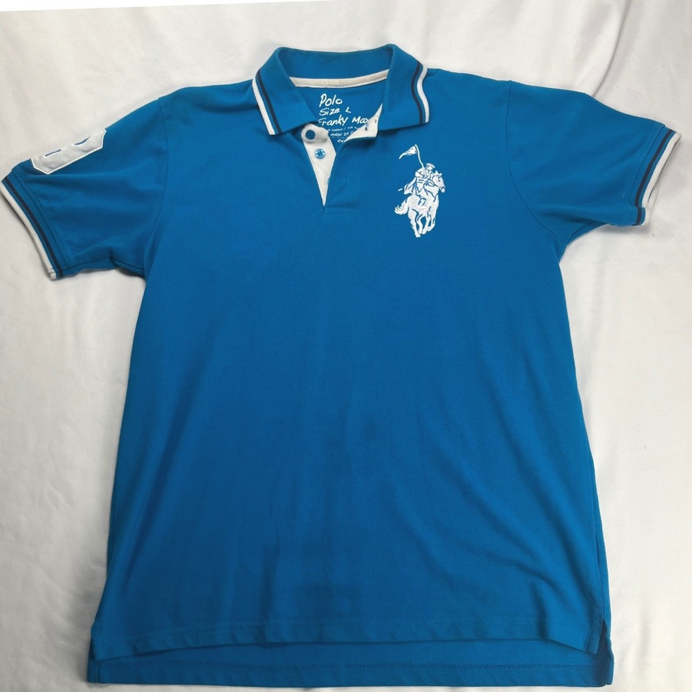 Franky Max Embroidered Logo Pique Blue Short Sleeve Polo Preppy Classic Retro